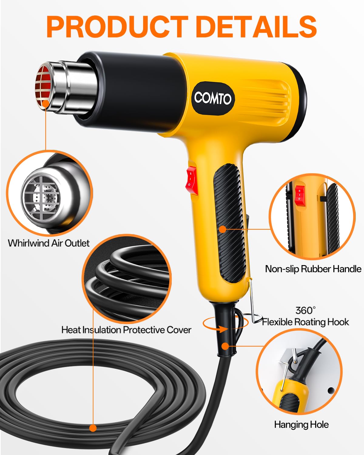 heat gun 1600w hot air gun side profile product view | Smaronics