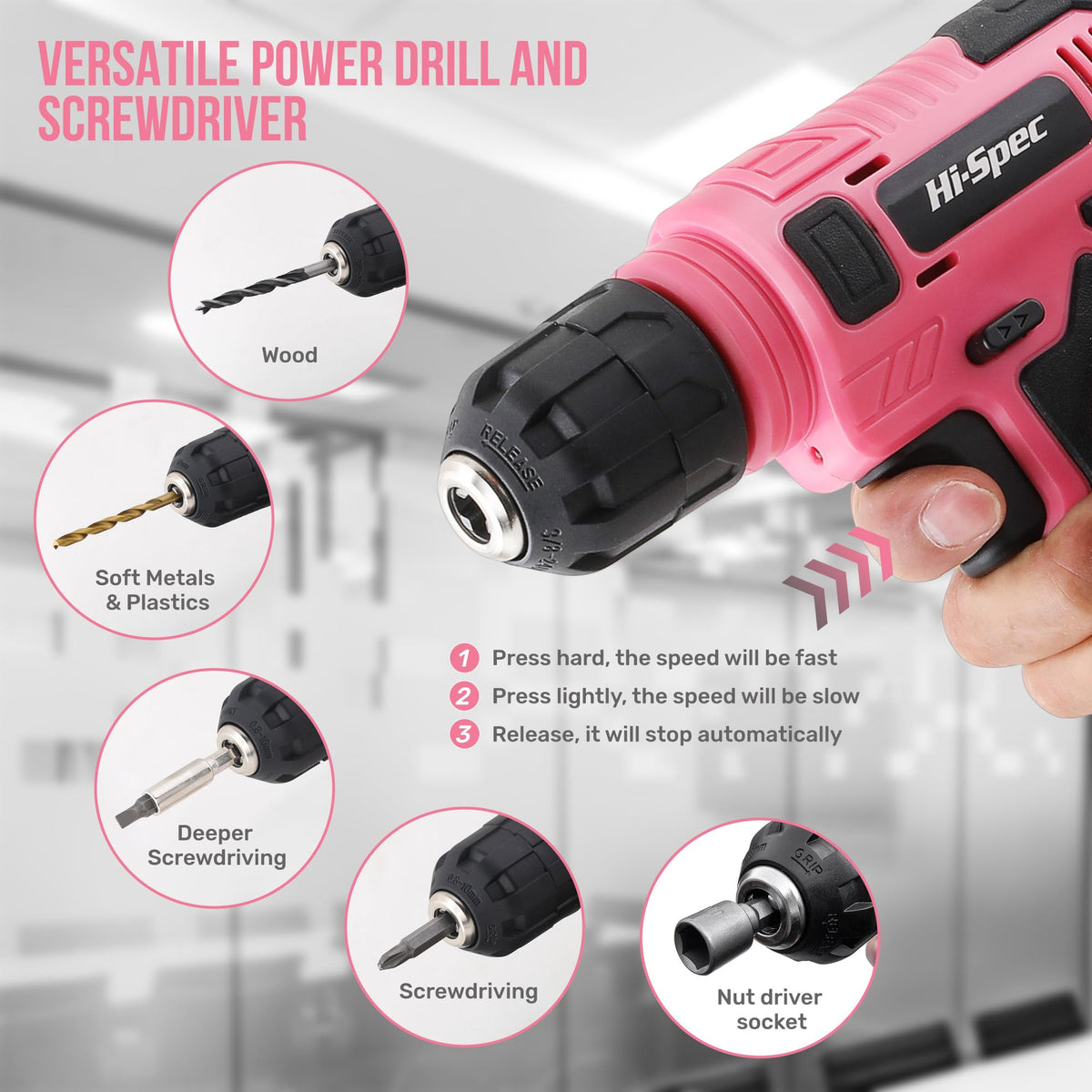 Hi-Spec Tool Set with 8V Drill Set Home DIY Repair & Maintenance, Pink image 2