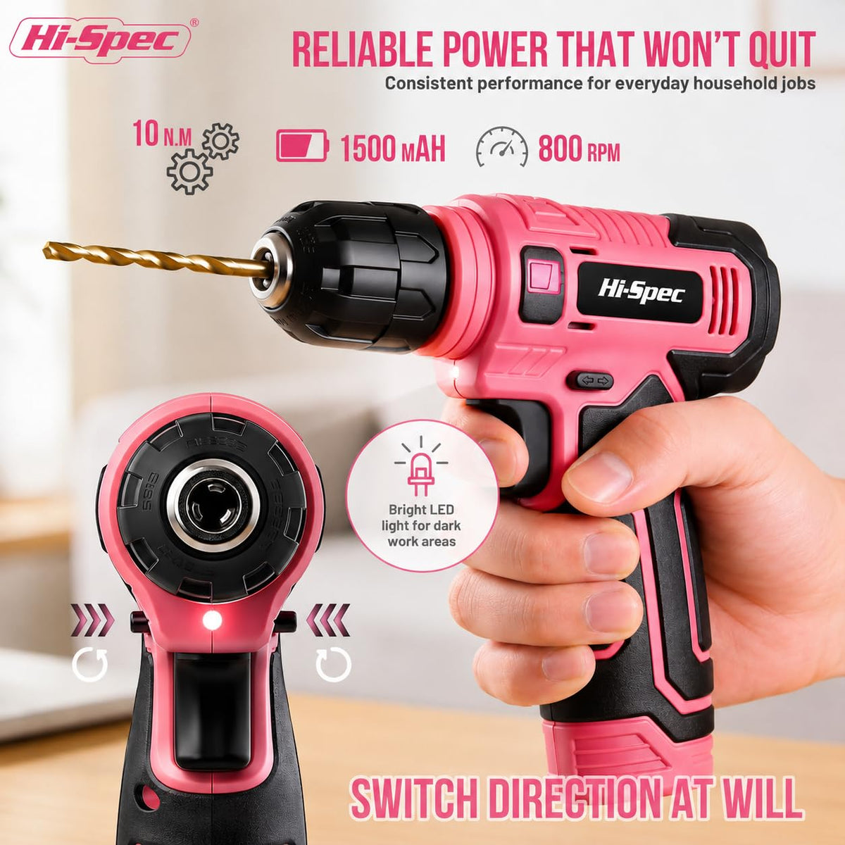 Hi-Spec Tool Set with 8V Drill Set Home DIY Repair & Maintenance, Pink image 3