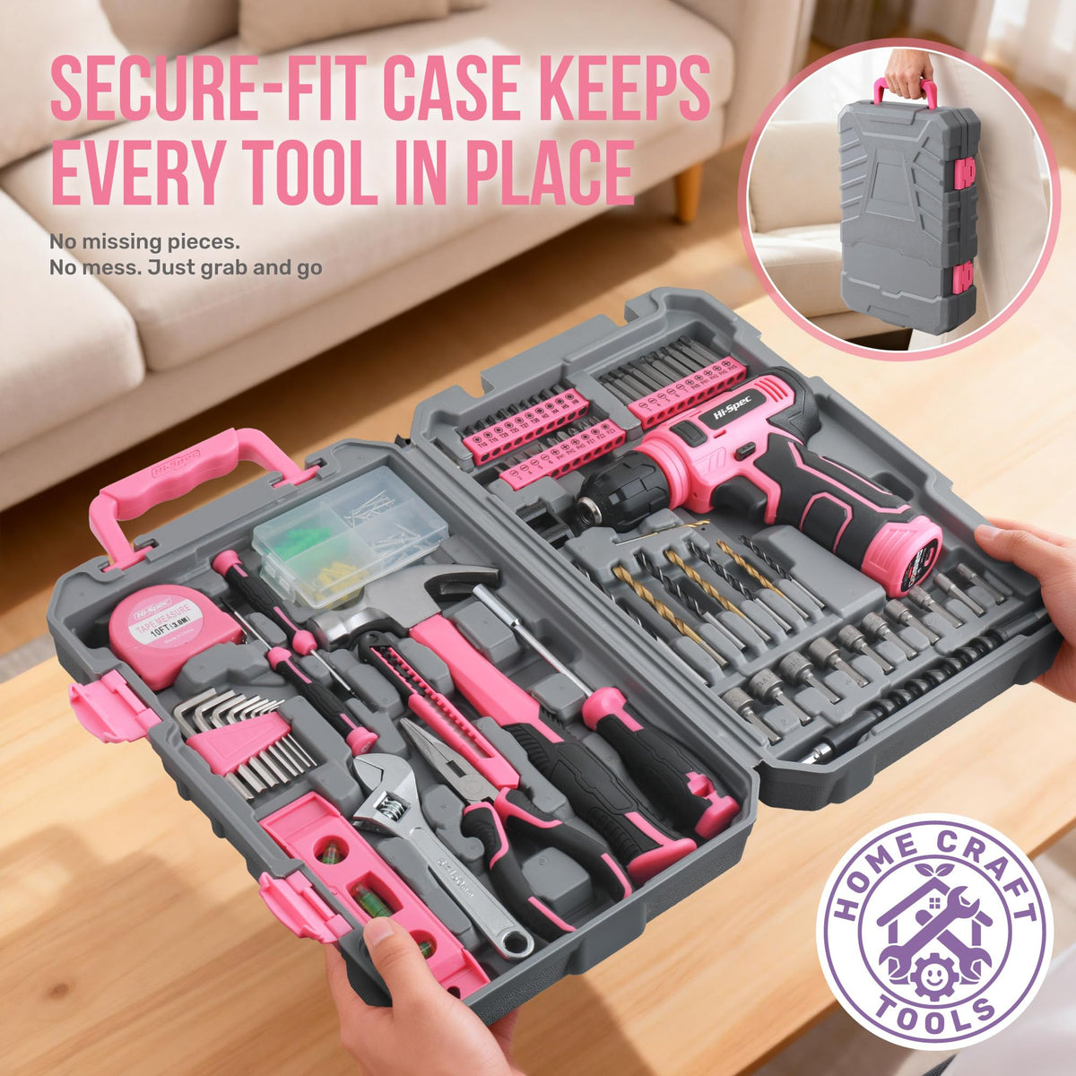 Hi-Spec Tool Set with 8V Drill Set Home DIY Repair & Maintenance, Pink image 7