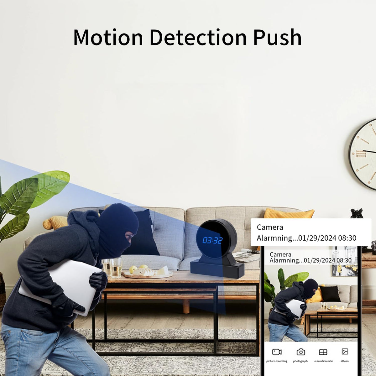 hispycam wireless hidden camera clock full hd 1080p clip and build det