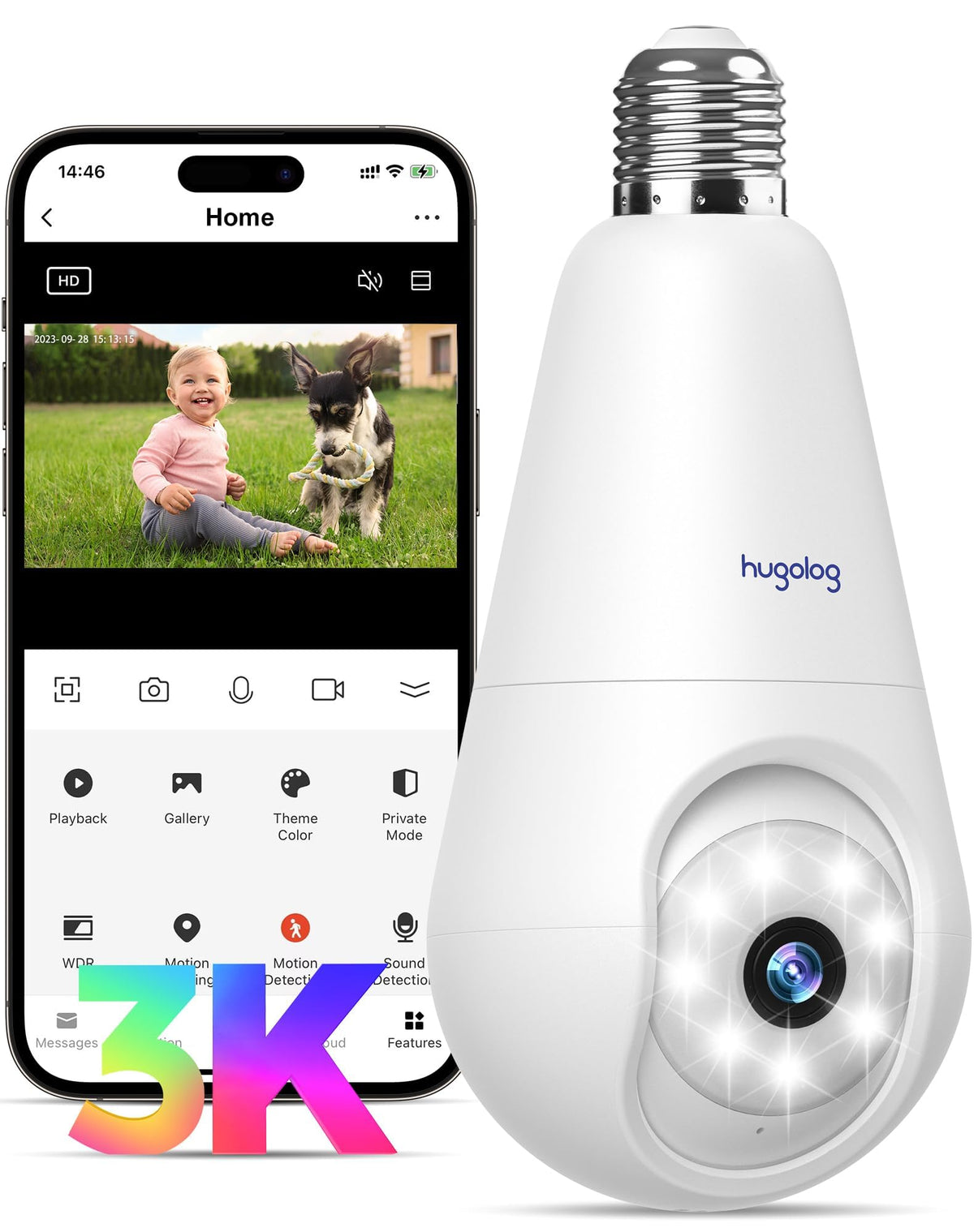 Hugolog 3K 5MP Light Bulb Security Camera front angle | Smaronics