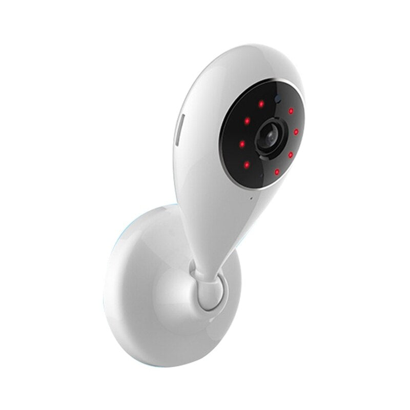 White indoor infant wifi IP video security camera with a black lens on a white background
