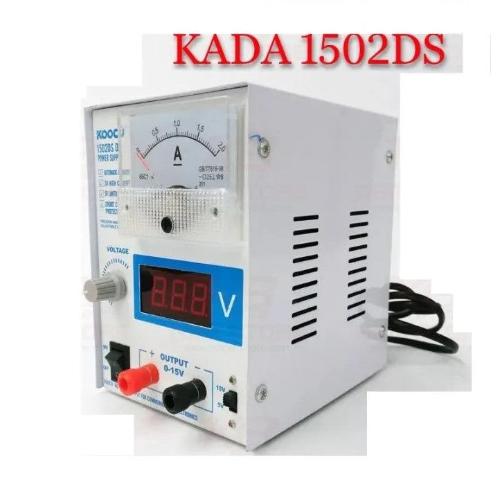 Kada 1502DS regulated DC power supply unit, side view showing the ventilation slots and professional design.
