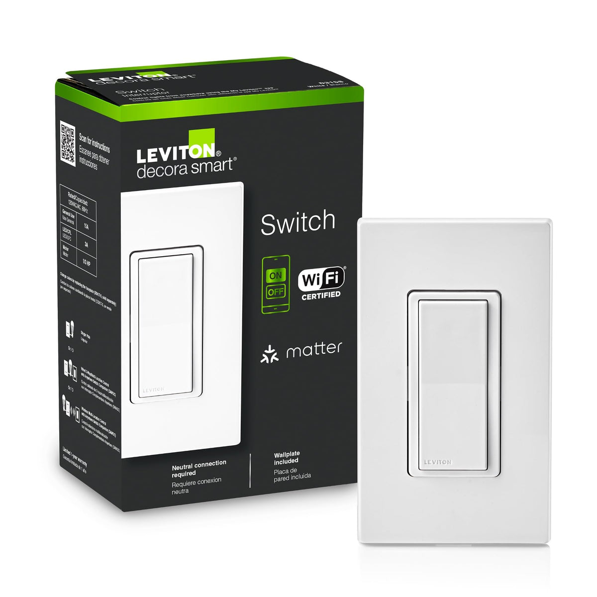 Leviton Decora Smart Switch, Wi-Fi, D315S-1RW front angle | Smaronics