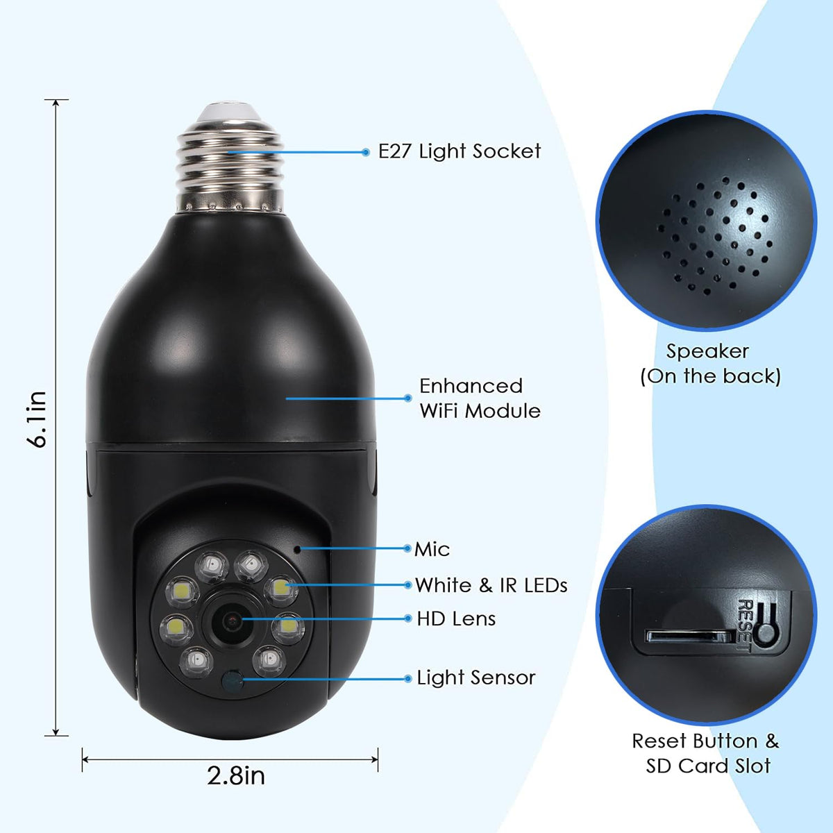 Light Bulb Security Camera with Night Vision rear design | Smaronics
