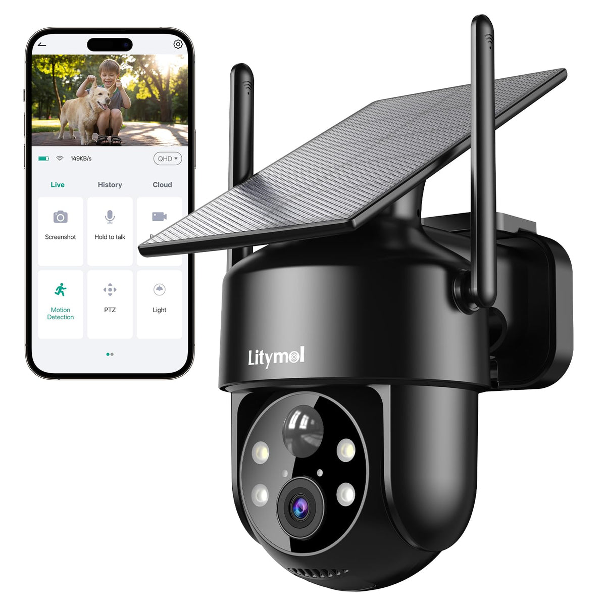 LITYMOL 2K Solar Outdoor Security Camera front angle | Smaronics