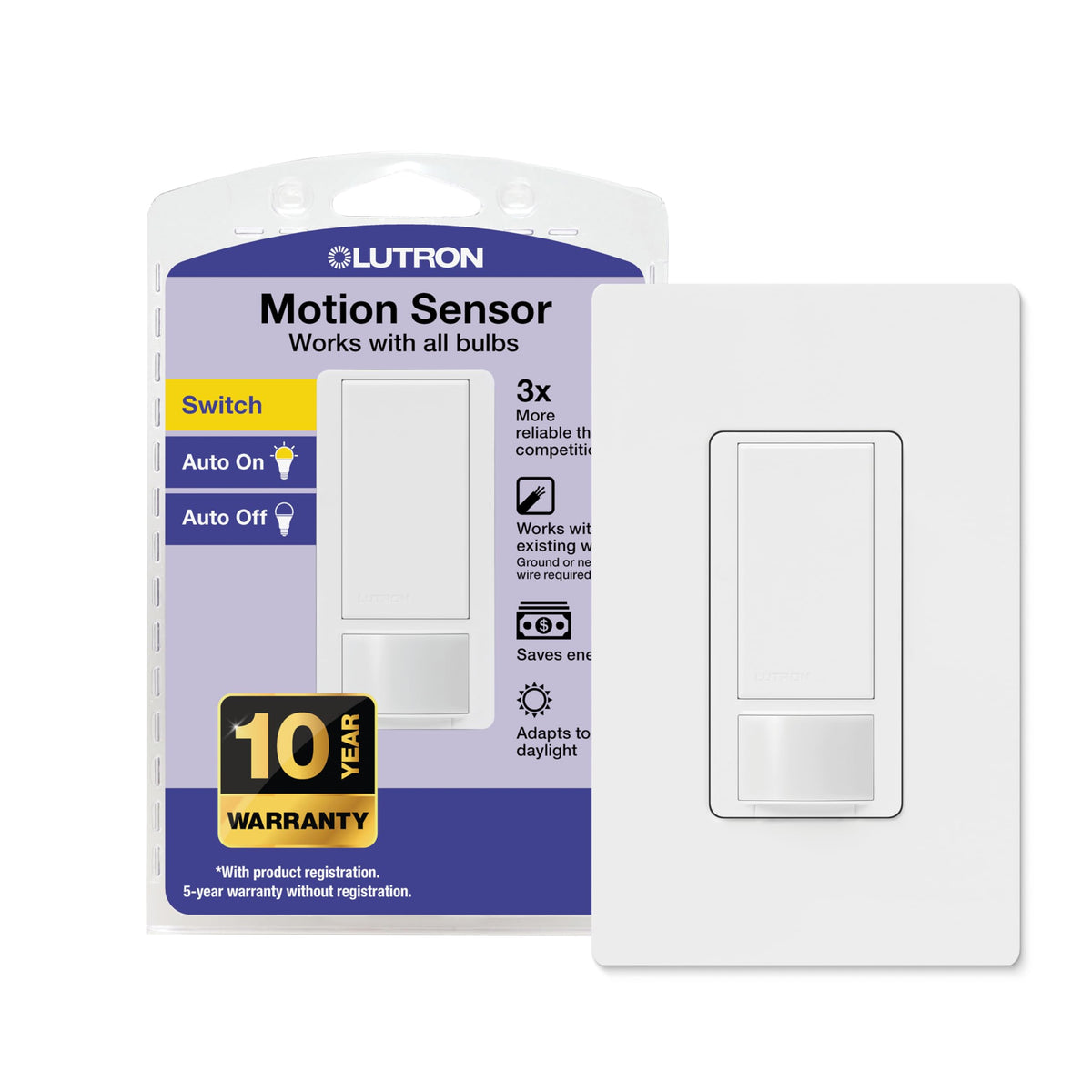 Lutron Motion Sensor Switch & Wallplate front angle | Smaronics