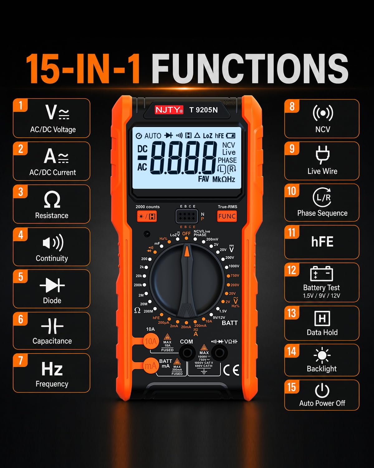 NJTY T9205N Digital Multimeter Voltage Tester image 2