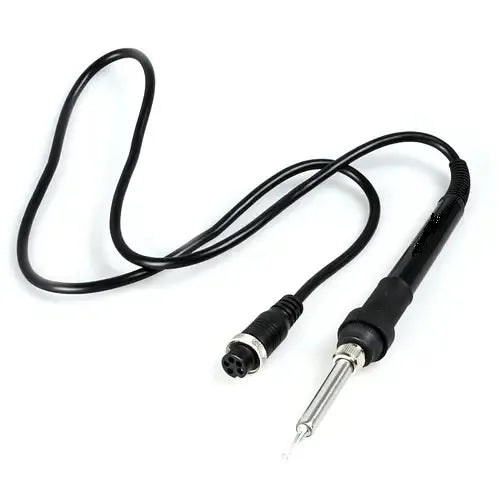 A soldering tool kit laid out, showing the soldering iron, a desoldering pump, and solder wire. 