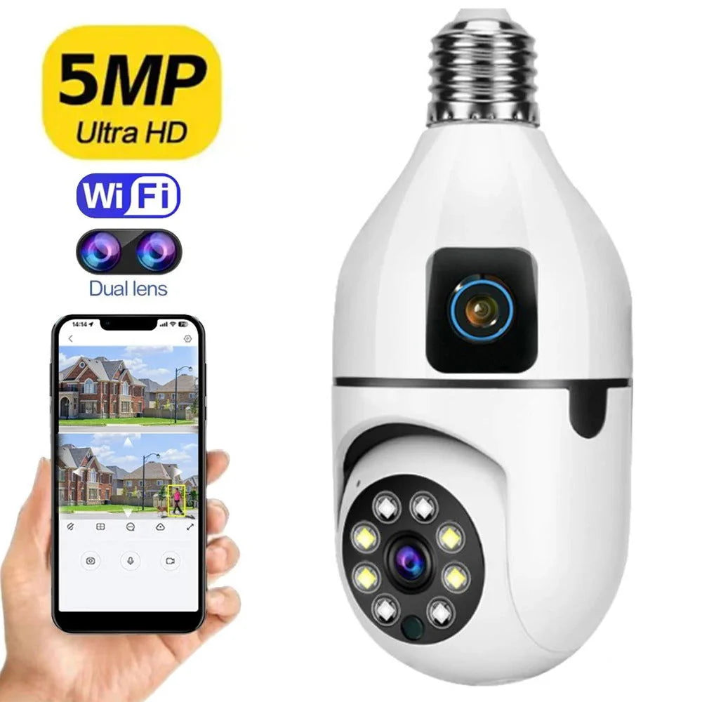5mp dual lens Smart camera in the shape of a light bulb with a smartphone displaying the camera's view.