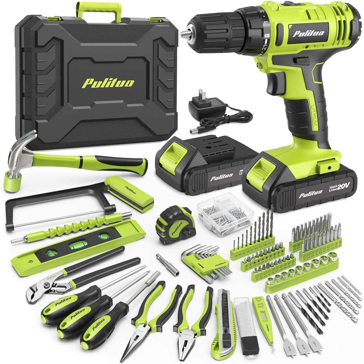PULITUO 199-Piece Cordless Drill Set front angle | Smaronics
