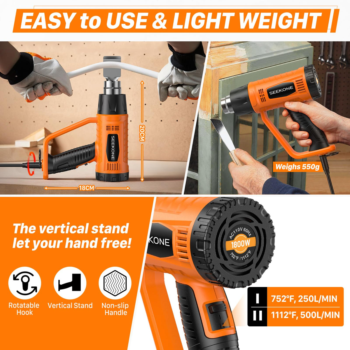 seekone heat gun 1800w side profile product view | Smaronics