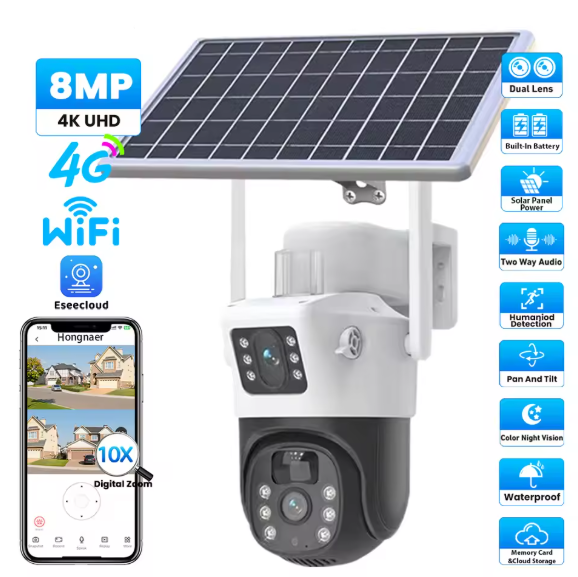 PTZ Solar-powered security camera with smartphone app interface, featuring various features on a white background.