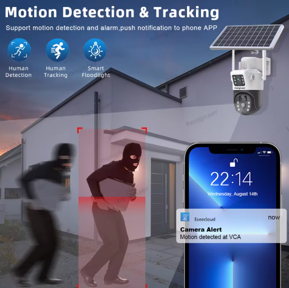 Smart 4G solar camera IP66 dual lens and night vision with motion detection and tracking features, including a smartphone app alert.