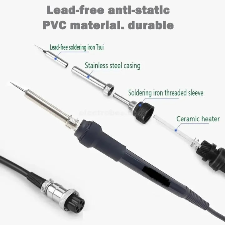 The included soldering iron stand, designed to safely hold the hot iron when not in use.