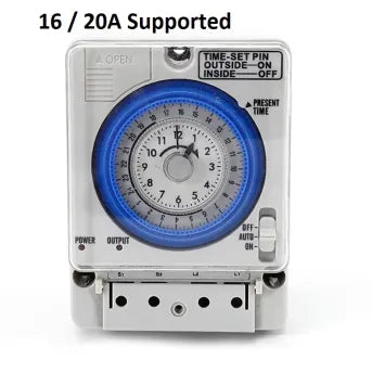 Front view of a 16/20A supported mechanical timer switch, highlighting its 24-hour dial.