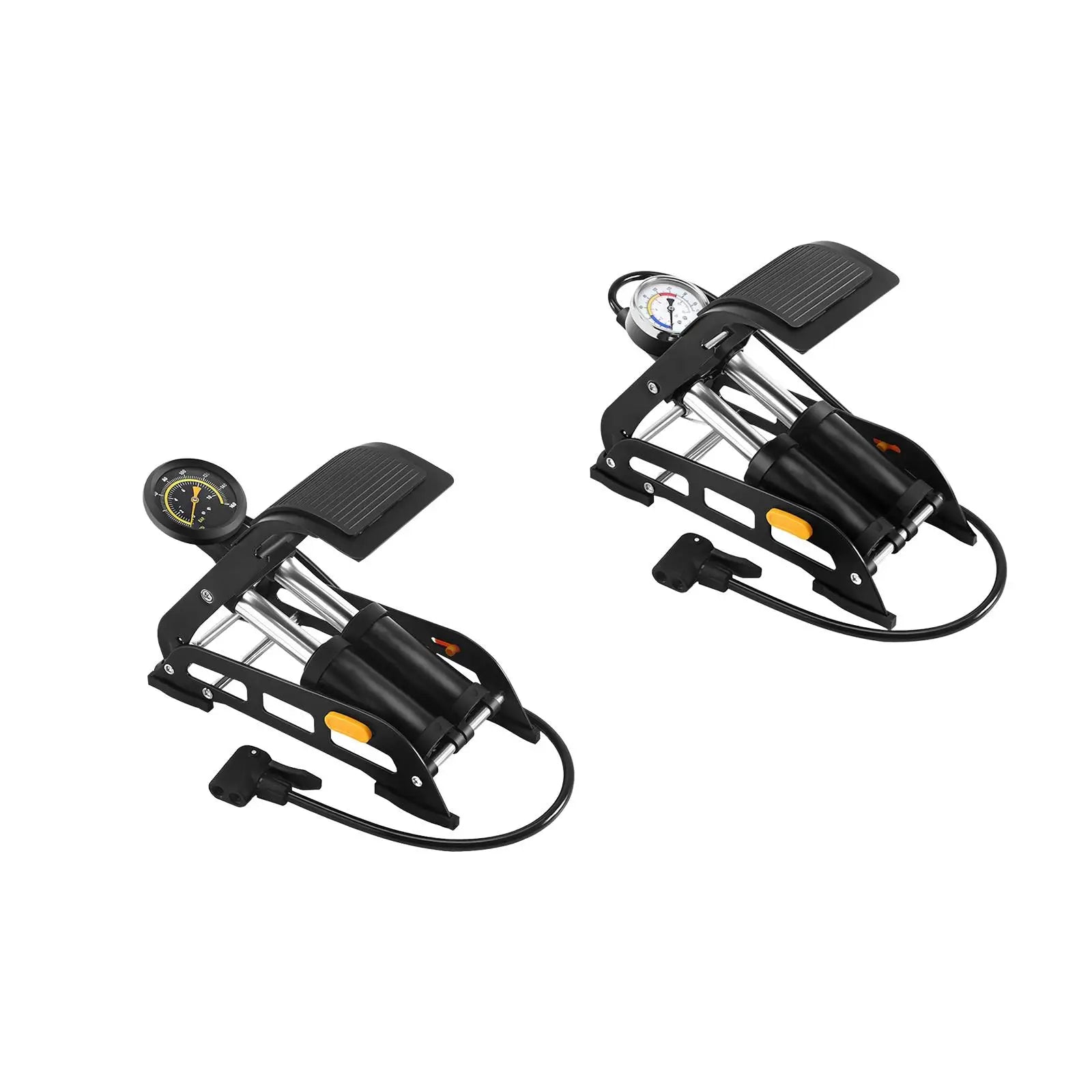 Double cylinder foot pump heavy duty air pump with pressure gauge showing two models with yellow and silver dial for car tire inflation