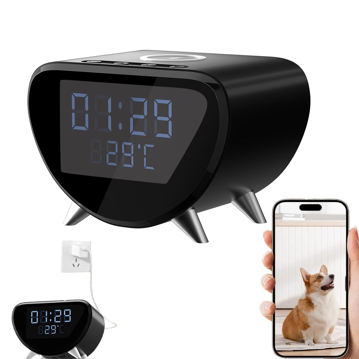 ular 4k wifi6 wireless phone charger clock camera front angle product