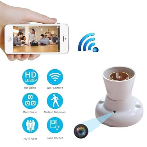 Smart wifi Bulb holder camera device with smartphone app interface, icons indicating features like HD video, WiFi, motion detection, and more.