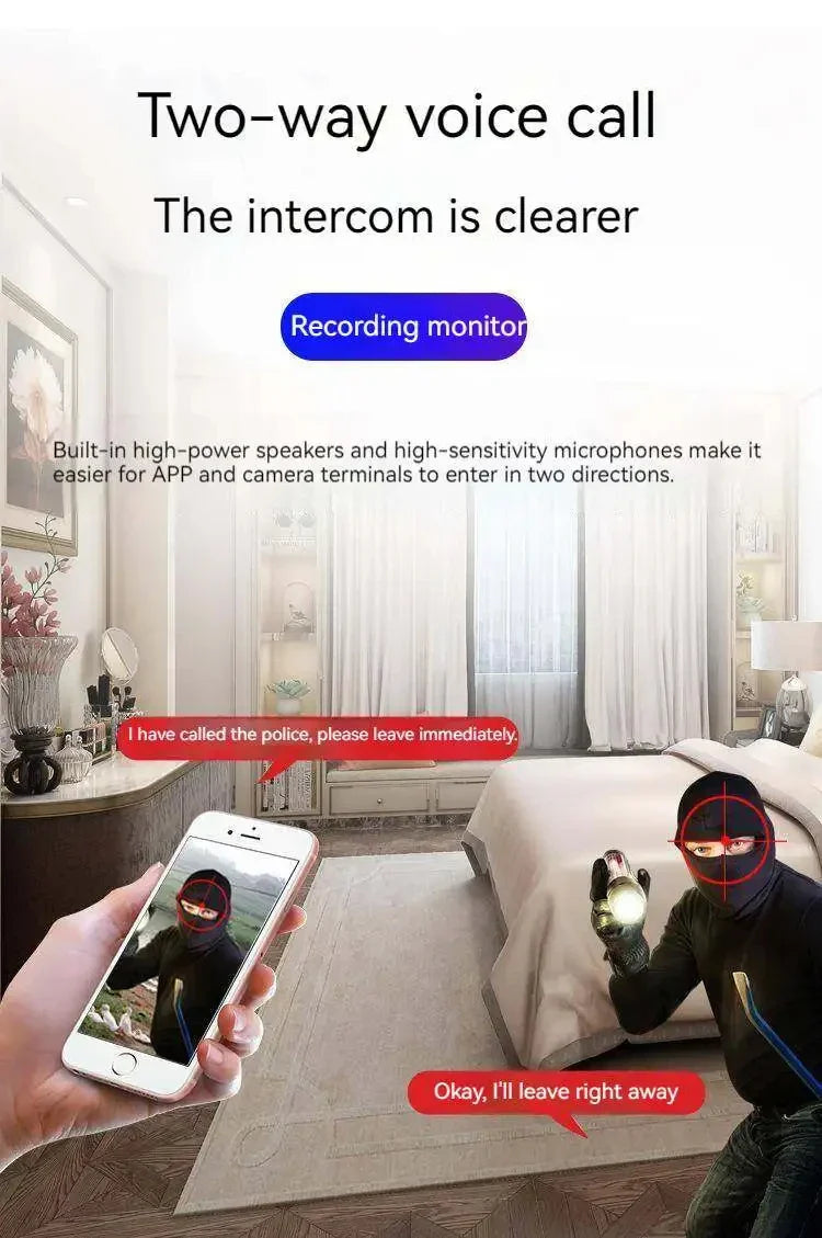 v380 wireless home security camera, Smartphone with intercom app interface showing a two-way voice call scenario in a bedroom.
