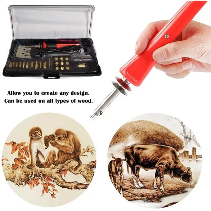 Image showcasing the wood burning pen kit for beginners, demonstrating its use for creating designs on wood.