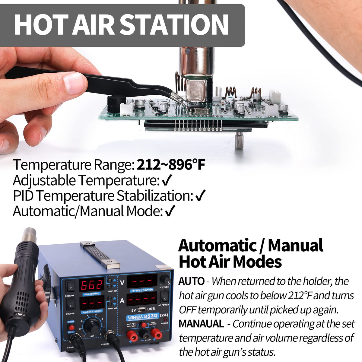 yihua 853d 3 in 1 soldering iron hot air rework station clip and build