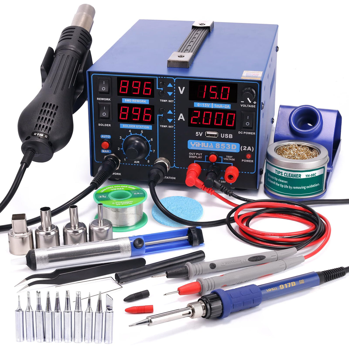 yihua 853d 3 in 1 soldering iron hot air rework station front angle pr