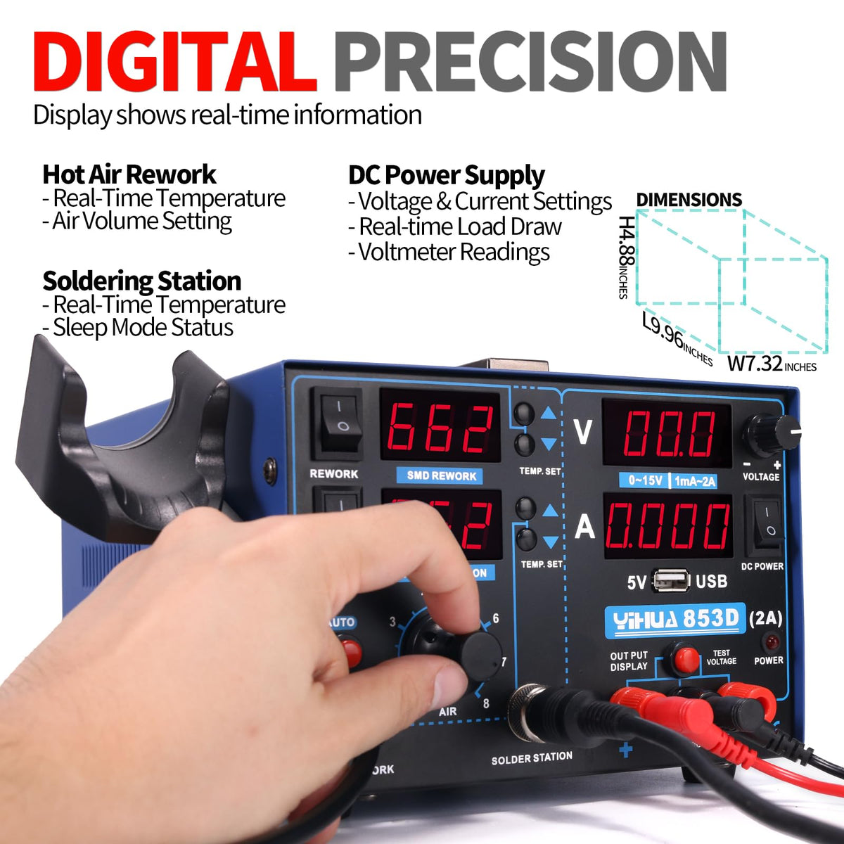yihua 853d 3 in 1 soldering iron hot air rework station rear design pr