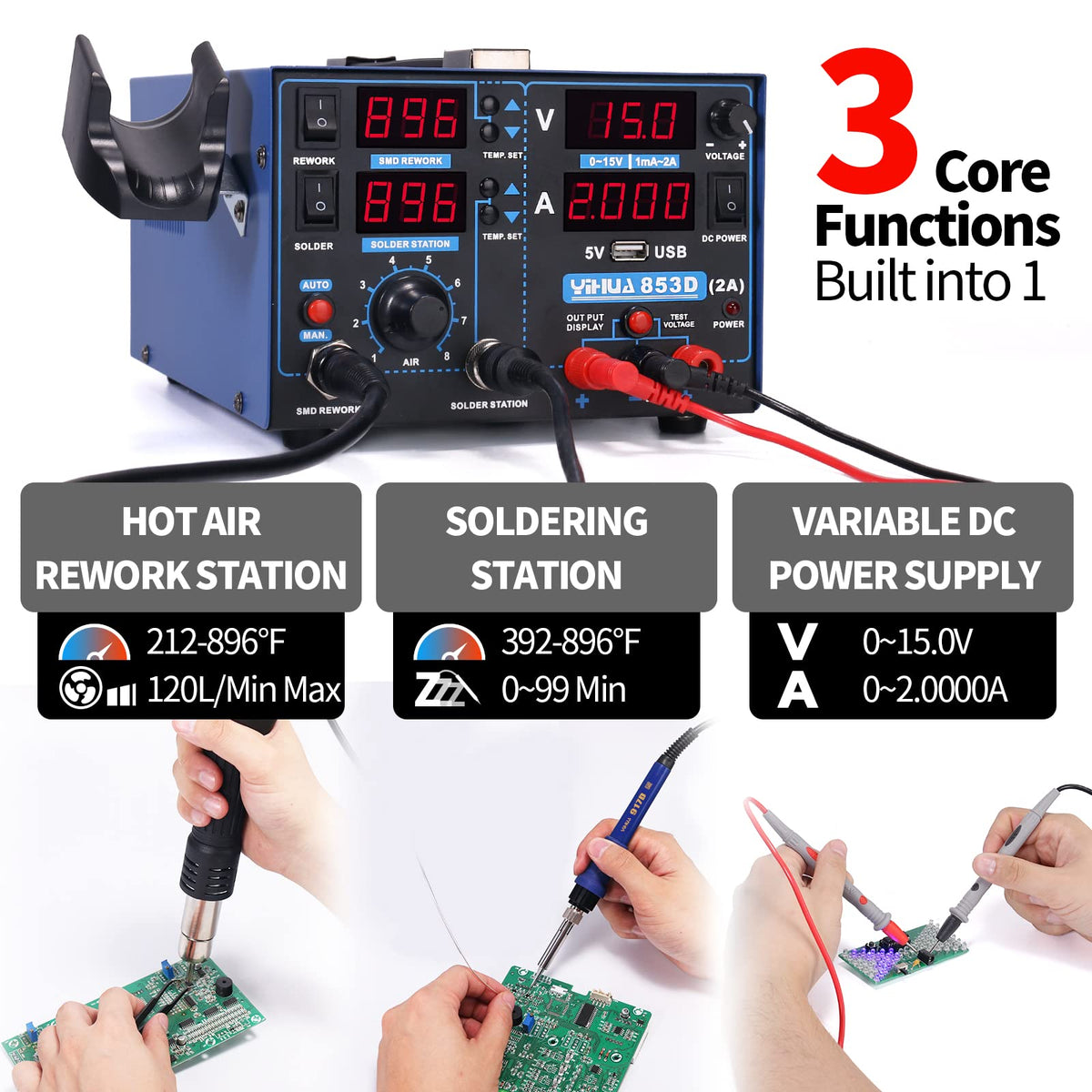 yihua 853d 3 in 1 soldering iron hot air rework station side profile p