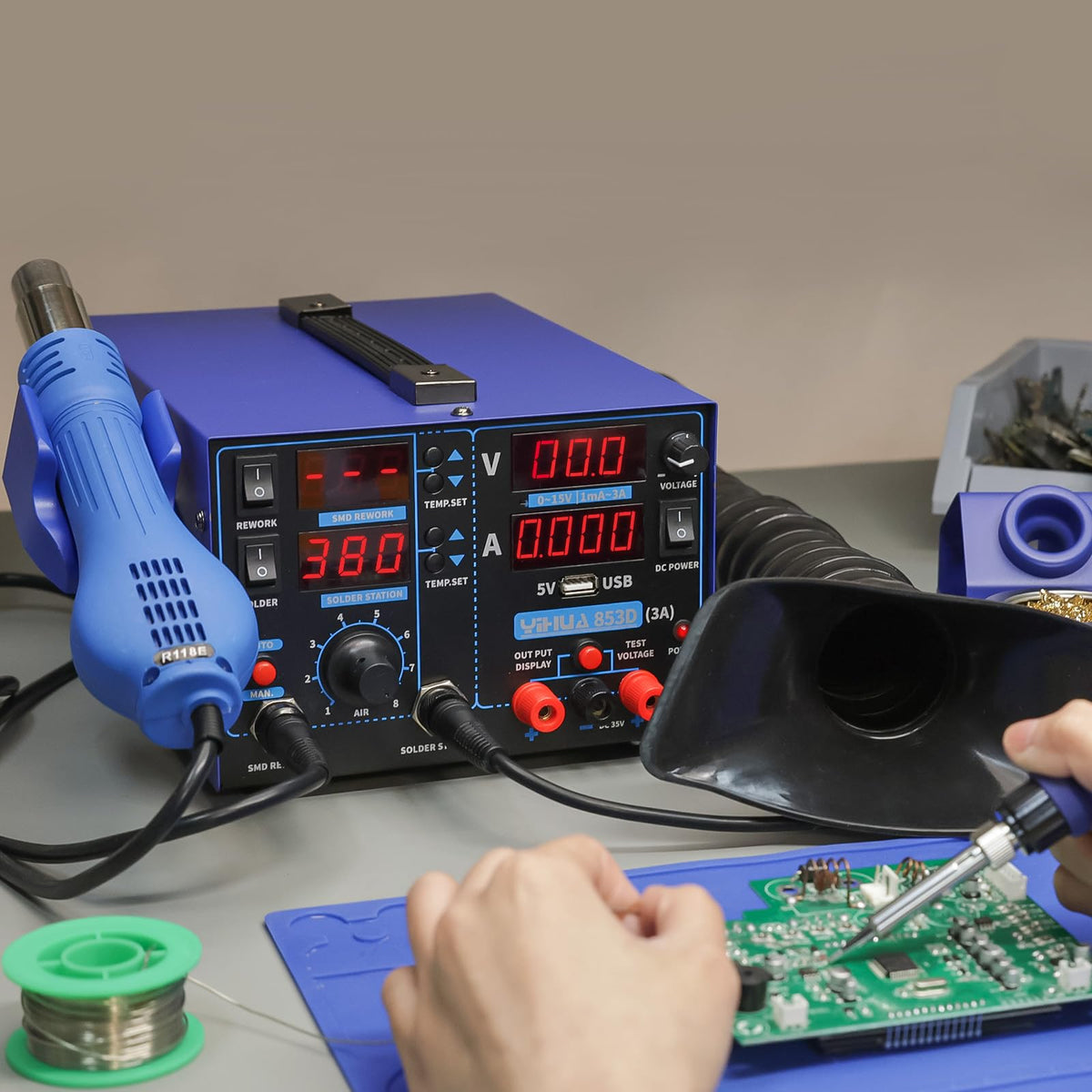 YIHUA 853D Soldering Station with Hot Air Rework and Power Supply image 9