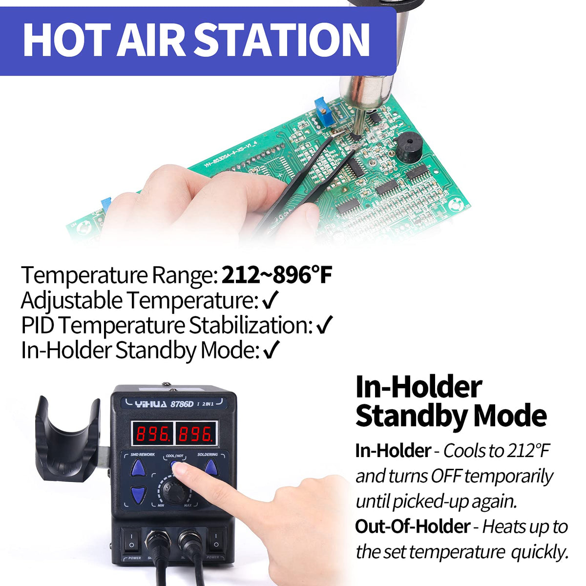 yihua 8786d dual system soldering and hot air rework station clip and