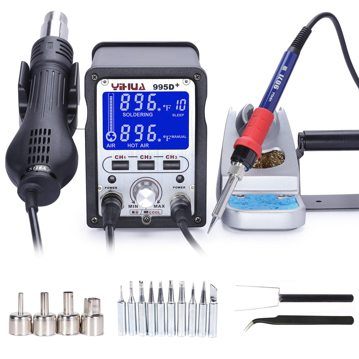 yihua 995d 2 in 1 hot air rework and soldering iron station front angl